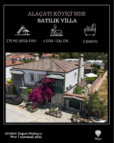 ALAÇATI KÖYİÇİ' NDE SATILIK 4+1 TAŞ VİLLA.