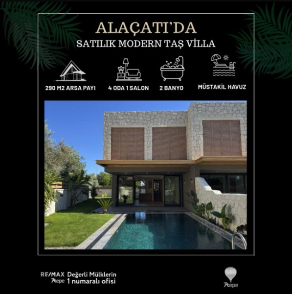 ALAÇATI ÇAMLIKYOL MEVKİ MÜSTAKİL HAVUZLU 4+1 SATILIK VİLLA.